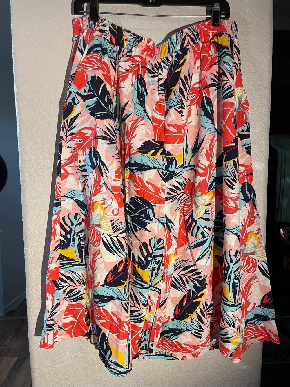 🌴 Tropical Linen A-Line Midi Skirt in Coral and Navy